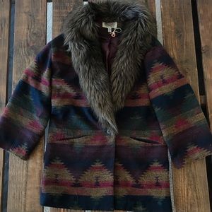 Tribal print fur collar coat